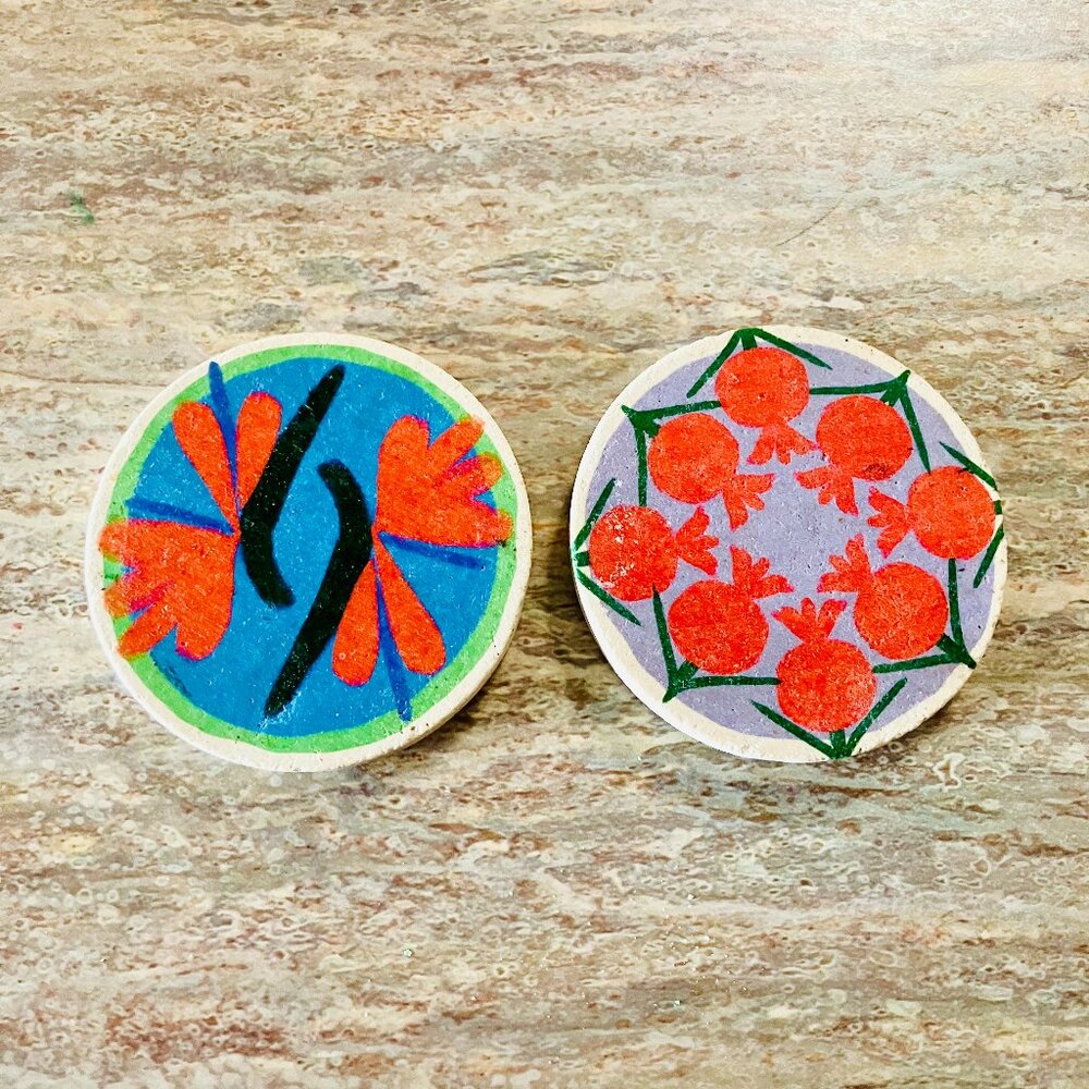 Anthropologie Rustic Charm Painted Floral Stone Table Coasters